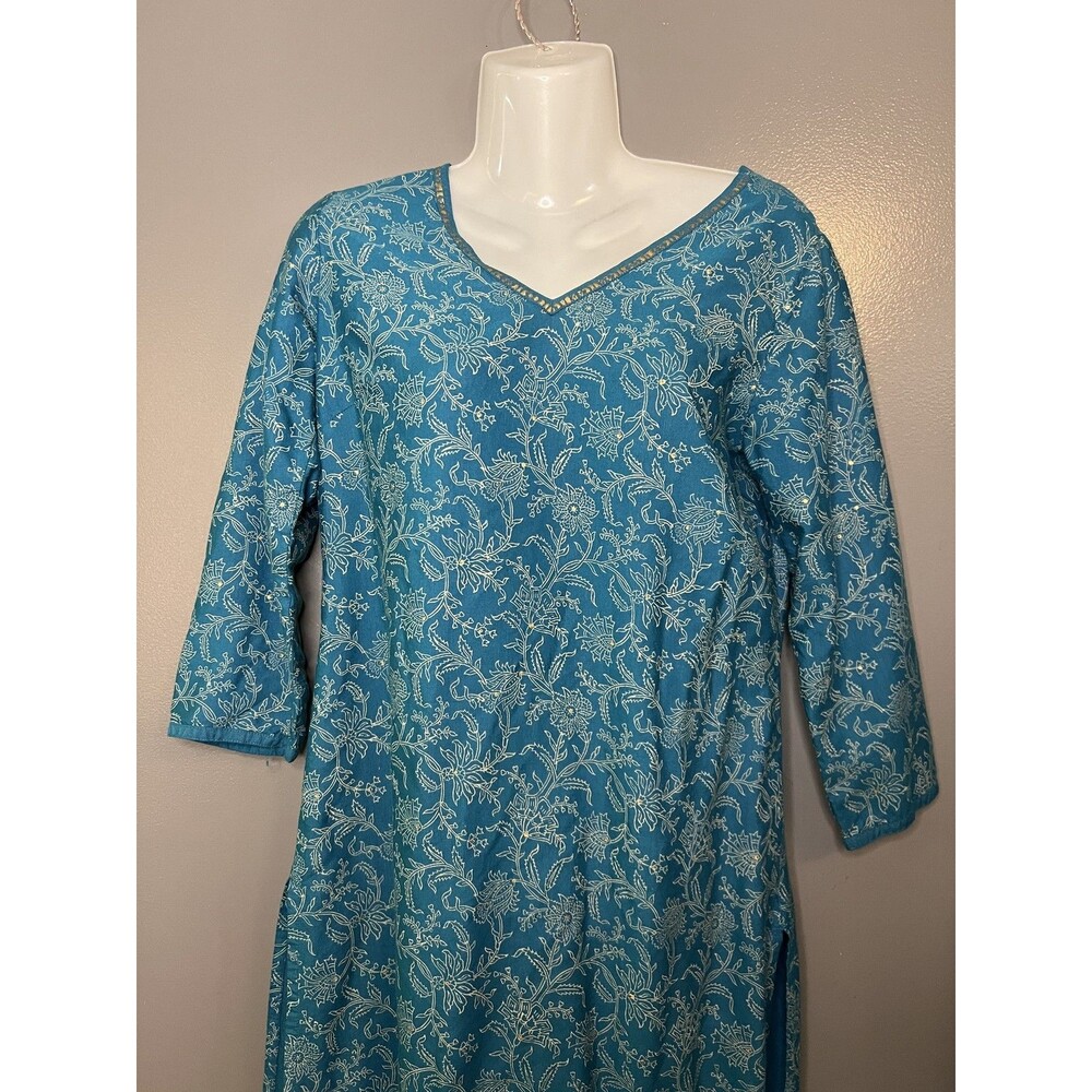 Fabindia Tunic Top Womens Small Blue Floral 3/4 Sleeve V Neck Kurta Boho